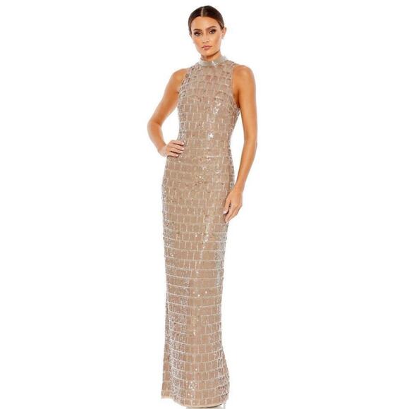 Mac Duggal Taupe Sequined High Neck Sleeveless Column Gown 10 NWT - Picture 2 of 5
